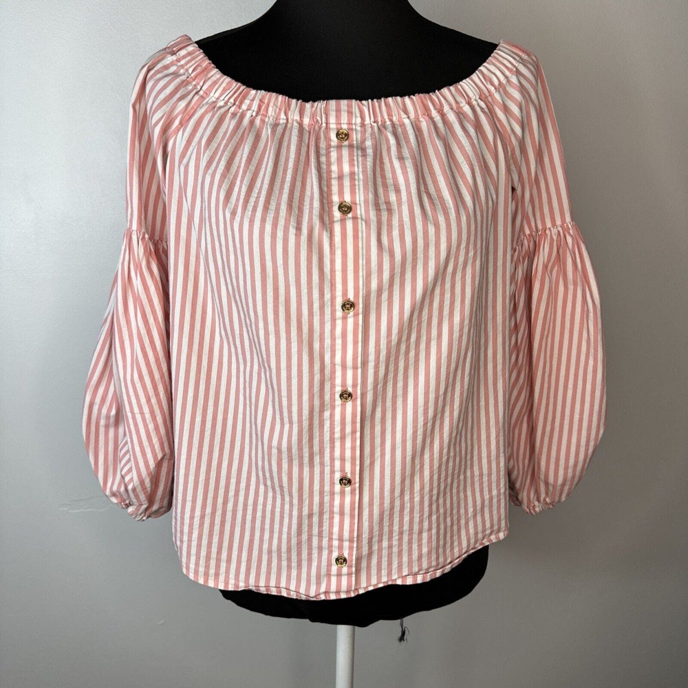 Michael Kors Top Sz M Oxford Off The Shoulder Striped Balloon Sleeve Cotton